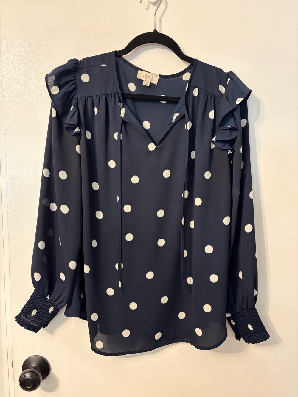 LOFT Navy and White Polka Dot Ruffle Long-Sleeve Blouse